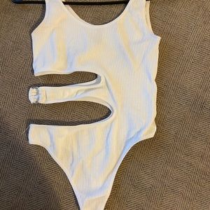 White Ribbed Cut Out Bodysuit